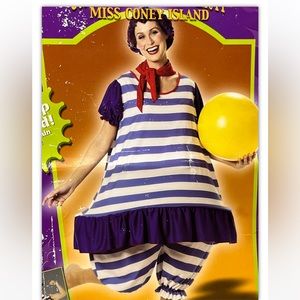 HAPPY CLOWN blue white suit Striped Circus Ruffle HOOP WAIST Hat Neck Tie CARNY